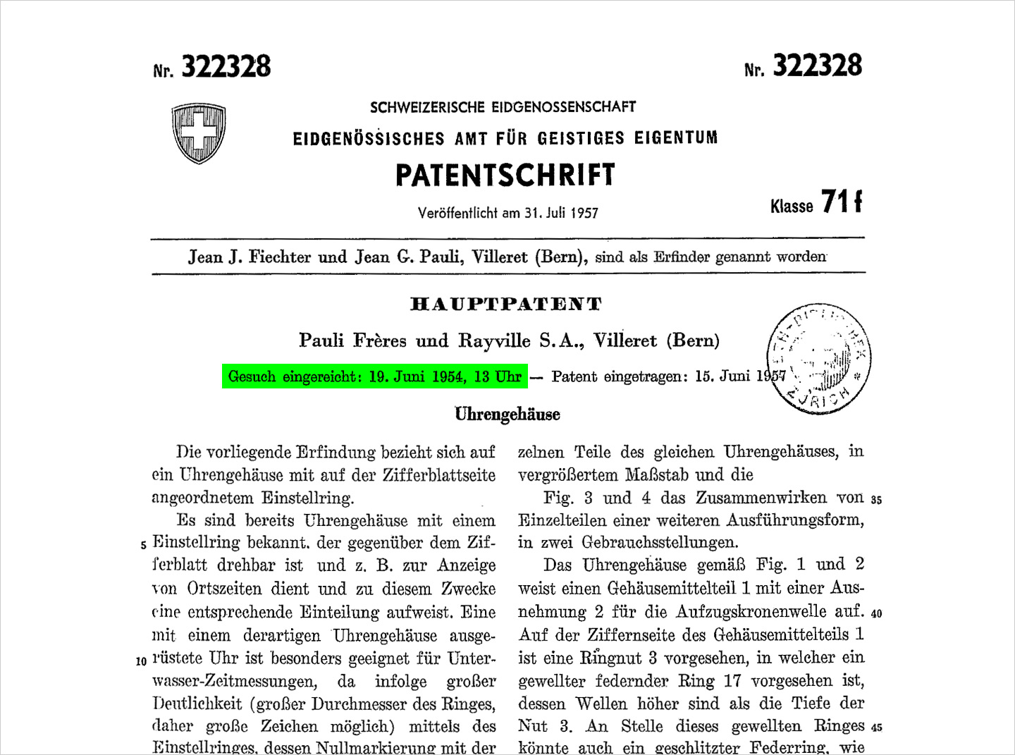 Excerpt of the Fifty Fathoms patent CH322328