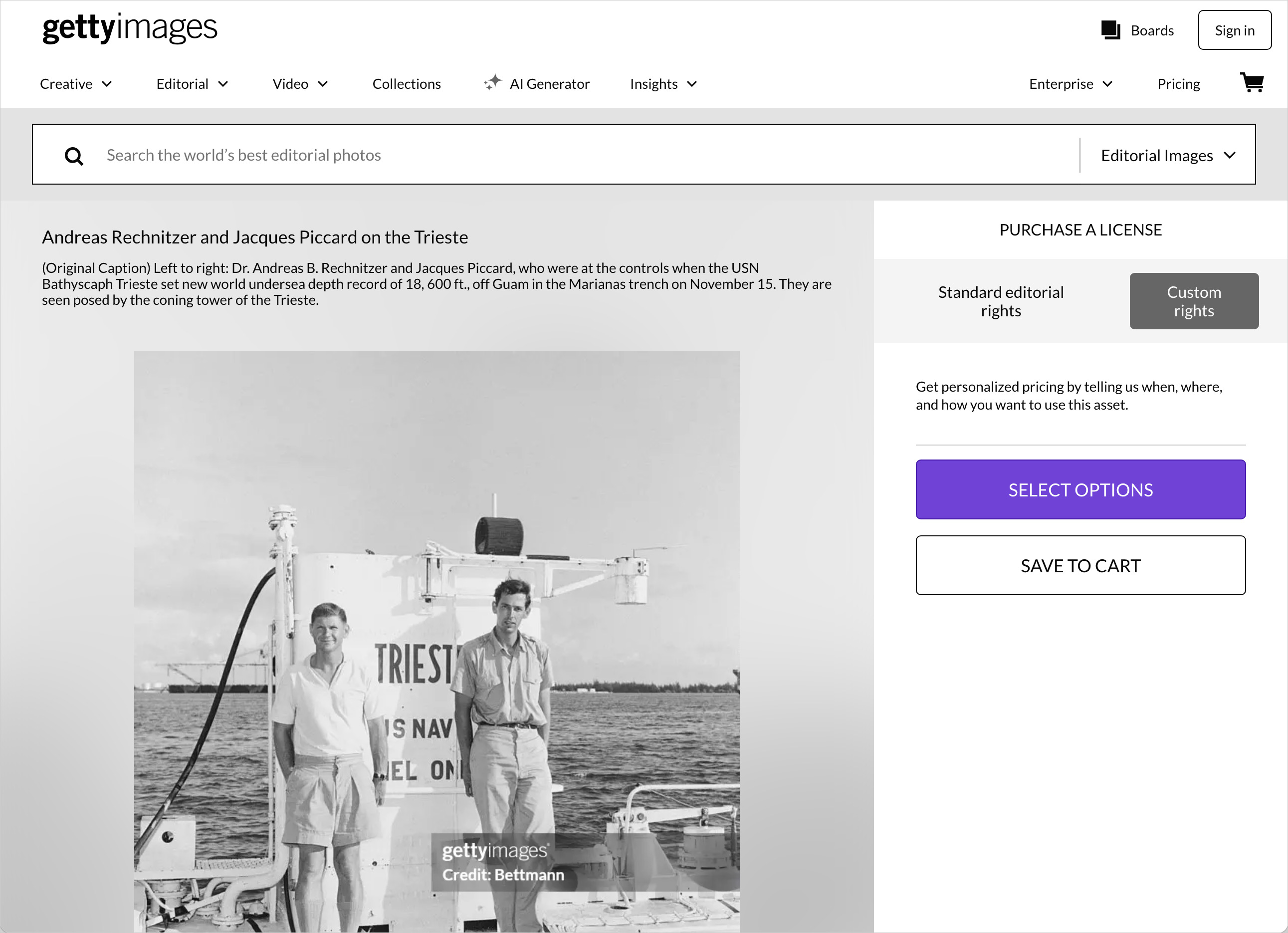 Screenshot Gettyimages of a photo depicting Dr. Andreas Rechnitzer and Jacques Piccard on the bathyscaphe 'Trieste', November 15, 1959 off Guam