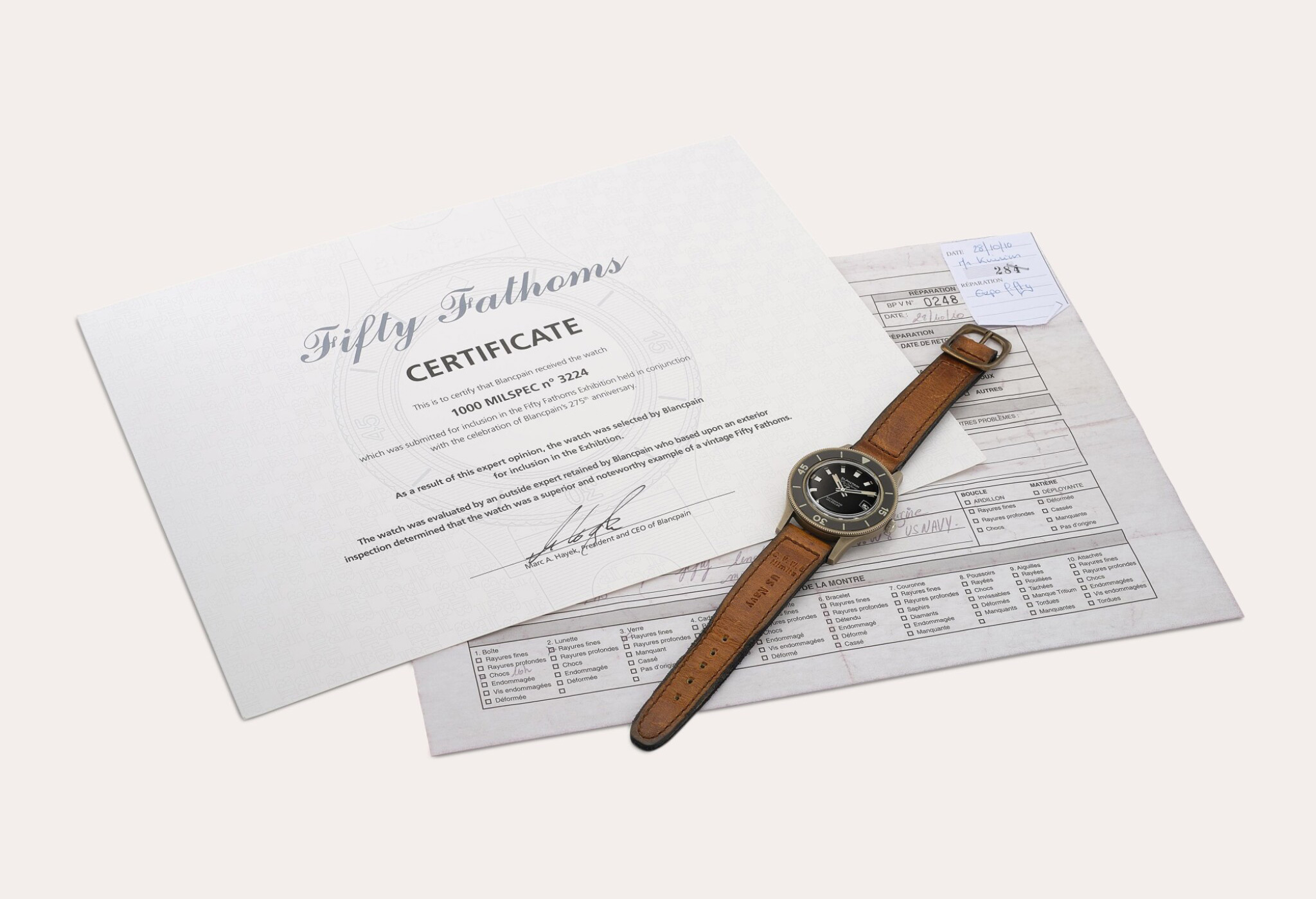 Blancpain certificate from 2010, starting that the watch is a superior and noteworthy example of a vintage Fifty Fathoms (Photo: Sotheby's)