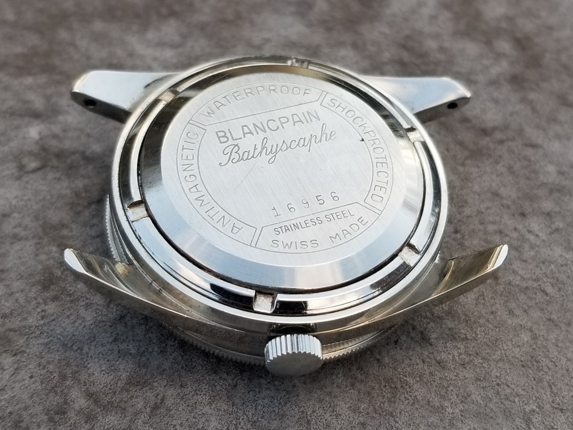 Caseback of a Blancpain Bathyscaphe with case number 16956